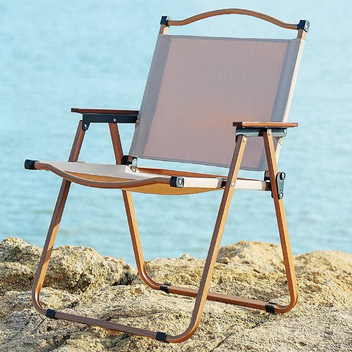Moderner minimalistischer rechteckiger Campingstuhl aus Buchenholz, Karbonstahl und Oxford-Stoff mit Rückenlehne und Armlehne für den Garten, zusammenklappbar 