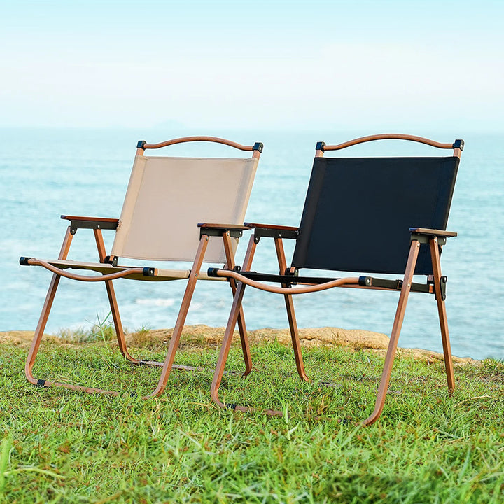 Moderner minimalistischer rechteckiger Campingstuhl aus Buchenholz, Karbonstahl und Oxford-Stoff mit Rückenlehne und Armlehne für den Garten, zusammenklappbar 