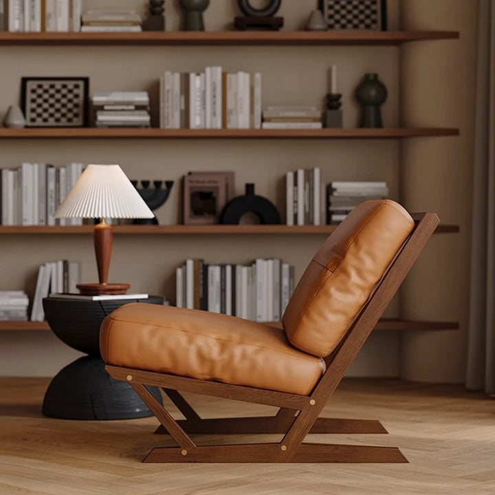 Contemporary Scandinavian Rectangular Oak Faux Nappa Leather Sponge Accent Chair Backrest Armless For Living Room
