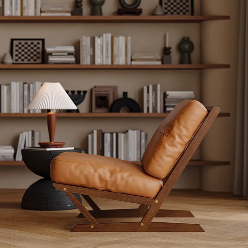 Contemporary Scandinavian Rectangular Oak Nappa Leather Sponge Accent Chair Backrest Armless For Living Room