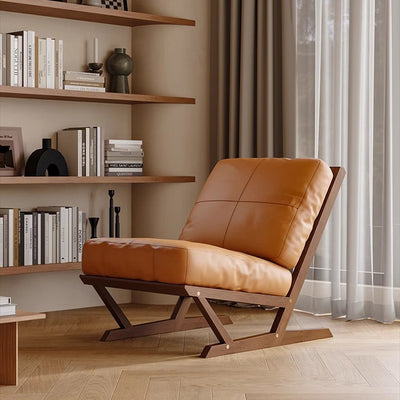 Contemporary Scandinavian Rectangular Oak Nappa Leather Sponge Accent Chair Backrest Armless For Living Room