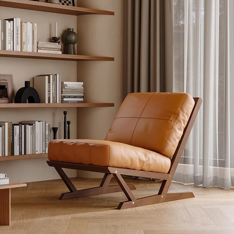 Contemporary Scandinavian Rectangular Oak Nappa Leather Sponge Accent Chair Backrest Armless For Living Room