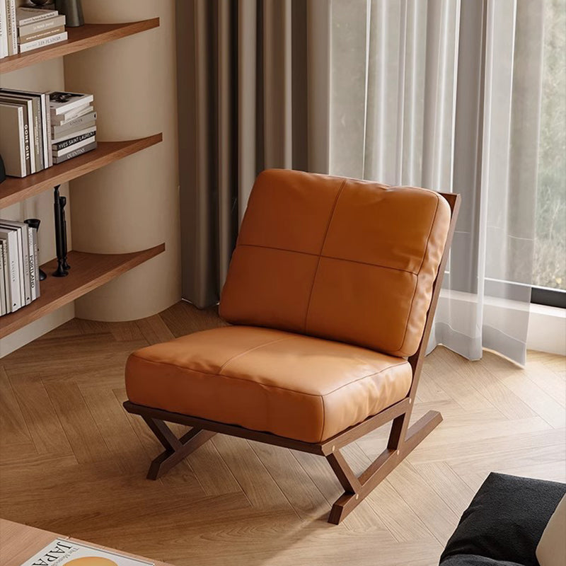 Contemporary Scandinavian Rectangular Oak Nappa Leather Sponge Accent Chair Backrest Armless For Living Room