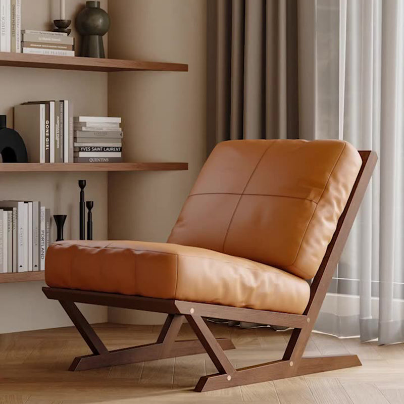 Contemporary Scandinavian Rectangular Oak Faux Nappa Leather Sponge Accent Chair Backrest Armless For Living Room