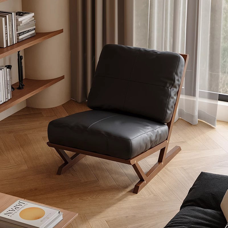Contemporary Scandinavian Rectangular Oak Faux Nappa Leather Sponge Accent Chair Backrest Armless For Living Room