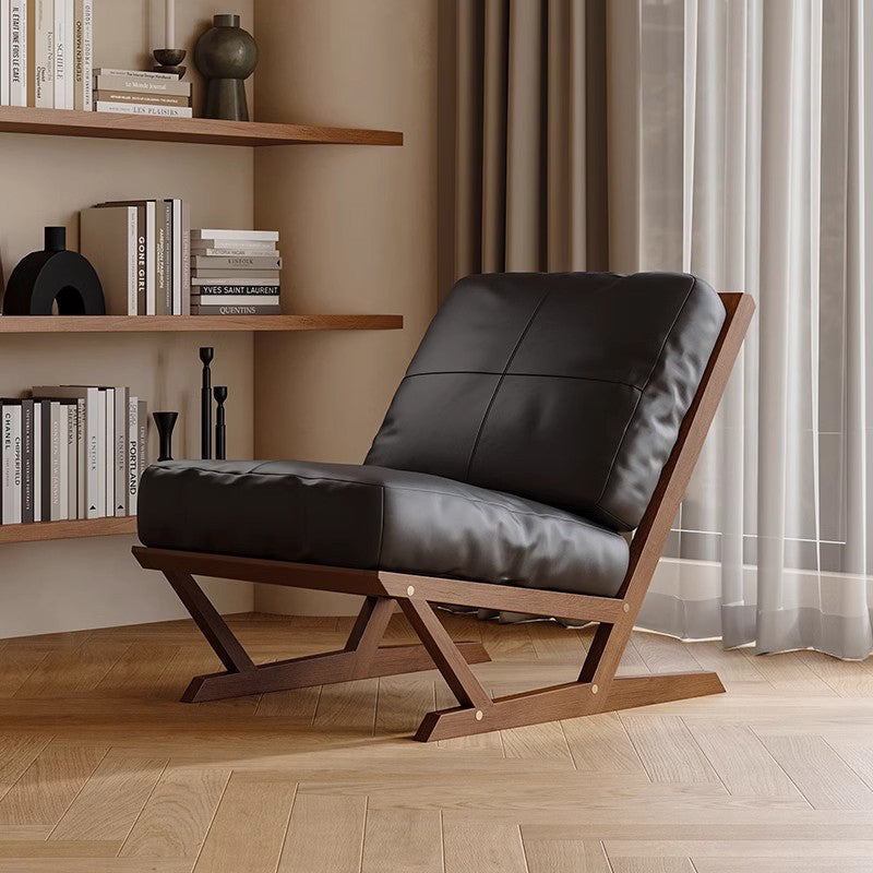 Contemporary Scandinavian Rectangular Oak Nappa Leather Sponge Accent Chair Backrest Armless For Living Room