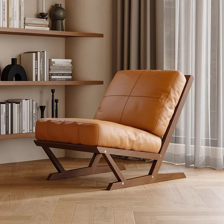 Chaise d'appoint contemporaine scandinave rectangulaire en chêne et cuir synthétique nappa avec dossier en mousse, sans accoudoirs, pour salon 