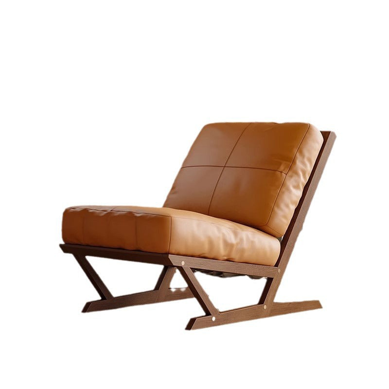 Contemporary Scandinavian Rectangular Oak Faux Nappa Leather Sponge Accent Chair Backrest Armless For Living Room