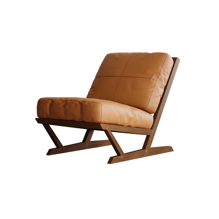Contemporary Scandinavian Rectangular Oak Faux Nappa Leather Sponge Accent Chair Backrest Armless For Living Room
