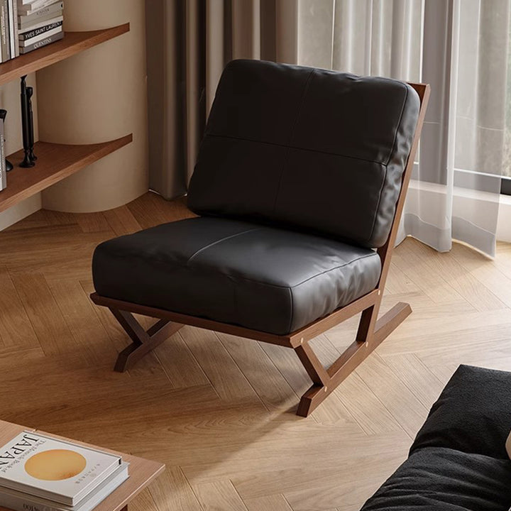 Chaise d'appoint contemporaine scandinave rectangulaire en chêne et cuir synthétique nappa avec dossier en mousse, sans accoudoirs, pour salon 