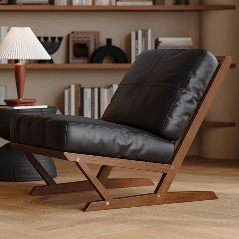 Contemporary Scandinavian Rectangular Oak Nappa Leather Sponge Accent Chair Backrest Armless For Living Room