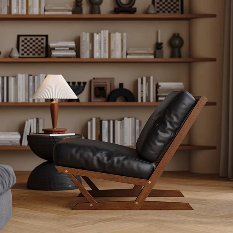 Contemporary Scandinavian Rectangular Oak Faux Nappa Leather Sponge Accent Chair Backrest Armless For Living Room