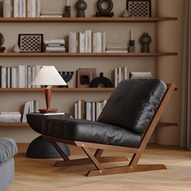 Contemporary Scandinavian Rectangular Oak Nappa Leather Sponge Accent Chair Backrest Armless For Living Room