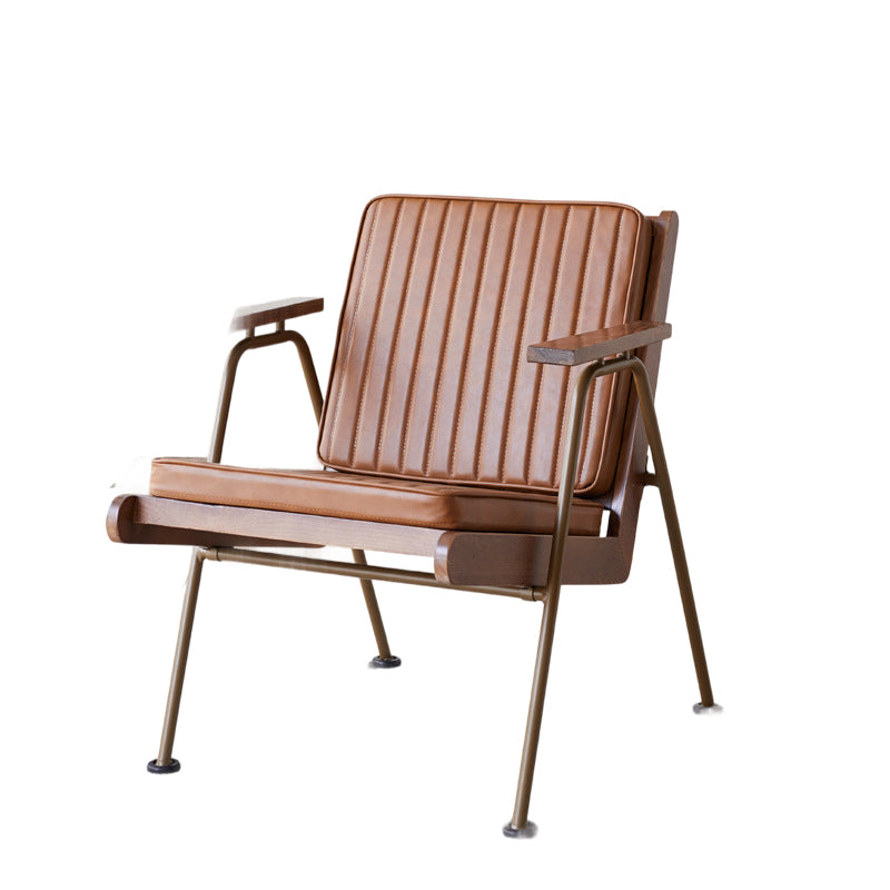 Contemporary Industrial Rectangular Iron Solid Wood Oil Wax Leather Sponge Accent Chair Backrest Armrest For Living Room