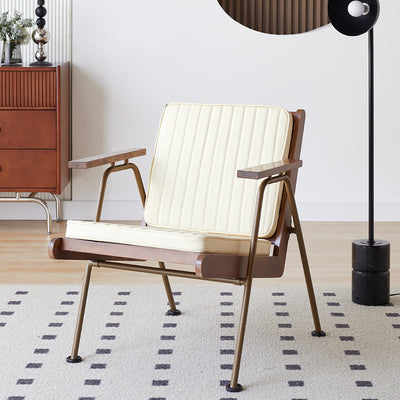 Contemporary Industrial Rectangular Iron Solid Wood Oil Wax Leather Sponge Accent Chair Backrest Armrest For Living Room