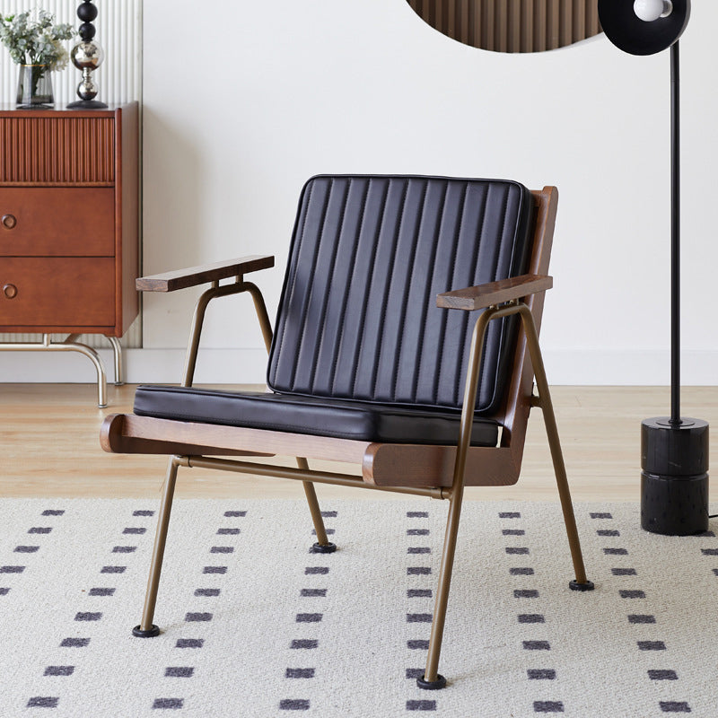 Contemporary Industrial Rectangular Iron Solid Wood Oil Wax Leather Sponge Accent Chair Backrest Armrest For Living Room