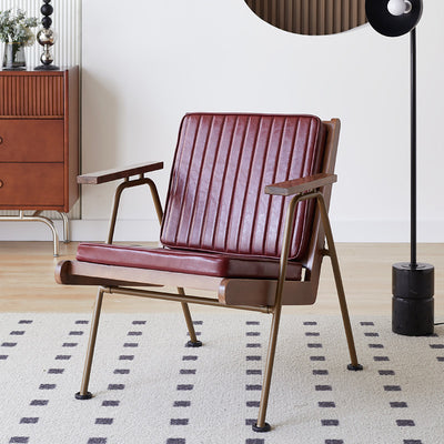 Contemporary Industrial Rectangular Iron Solid Wood Oil Wax Leather Sponge Accent Chair Backrest Armrest For Living Room
