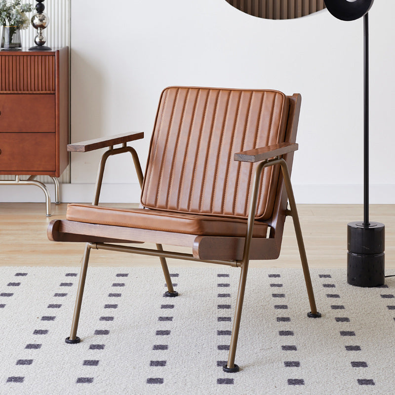 Contemporary Industrial Rectangular Iron Solid Wood Oil Wax Leather Sponge Accent Chair Backrest Armrest For Living Room