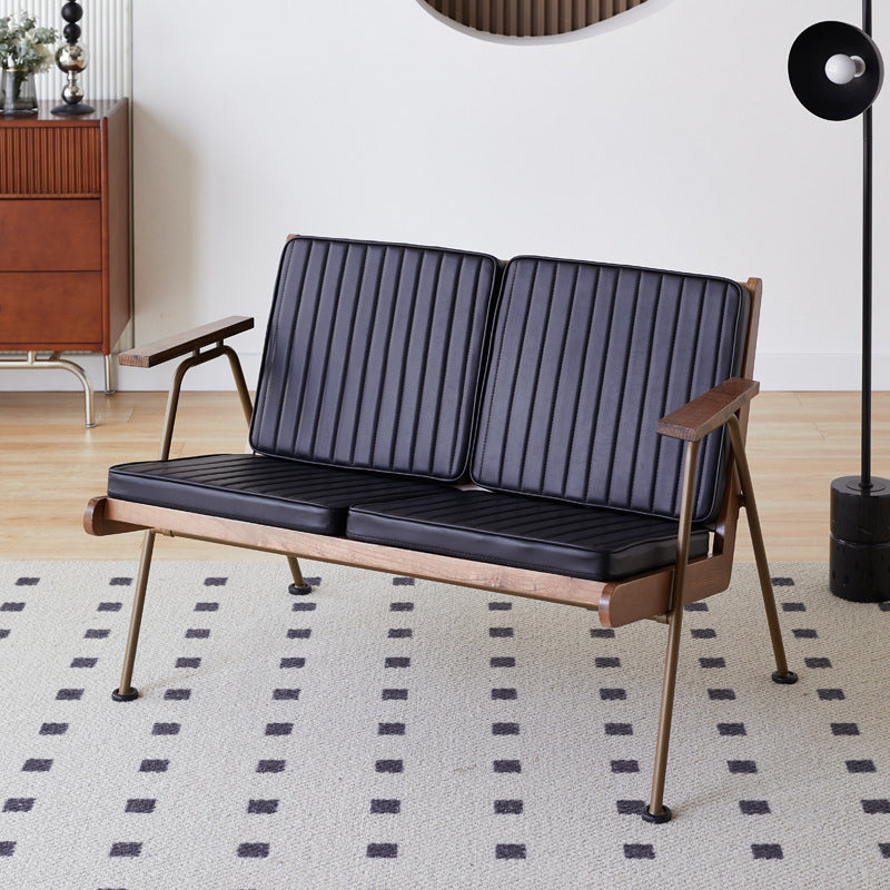 Contemporary Industrial Rectangular Iron Solid Wood Oil Wax Leather Sponge Accent Chair Backrest Armrest For Living Room