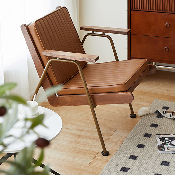 Chaise d'appoint contemporaine industrielle rectangulaire en fer, bois de frêne, cuir synthétique aspect huile et cire, mousse, avec dossier et accoudoirs pour salon 