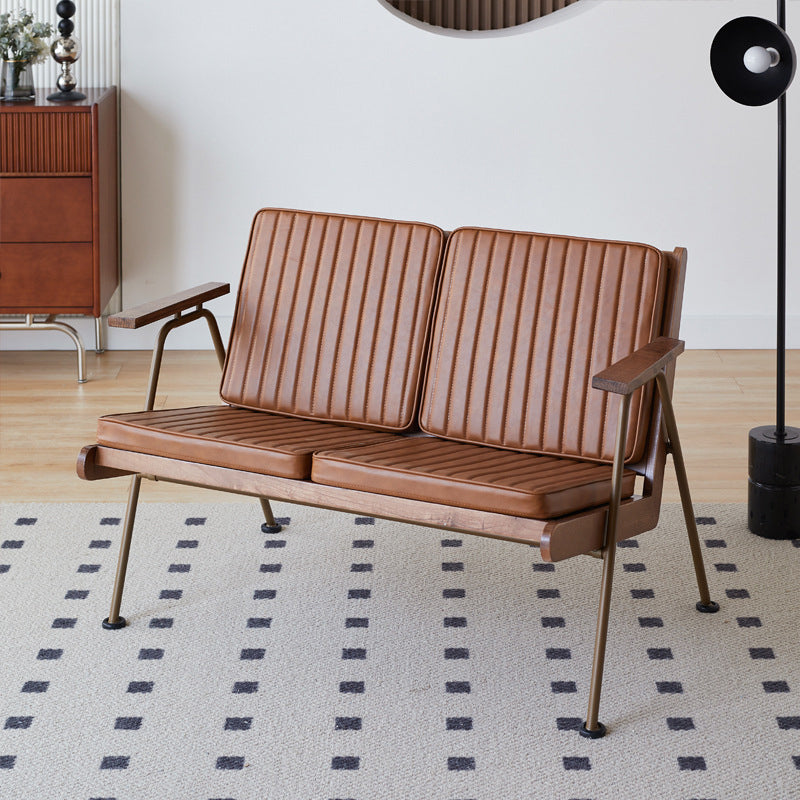 Contemporary Industrial Rectangular Iron Solid Wood Oil Wax Leather Sponge Accent Chair Backrest Armrest For Living Room