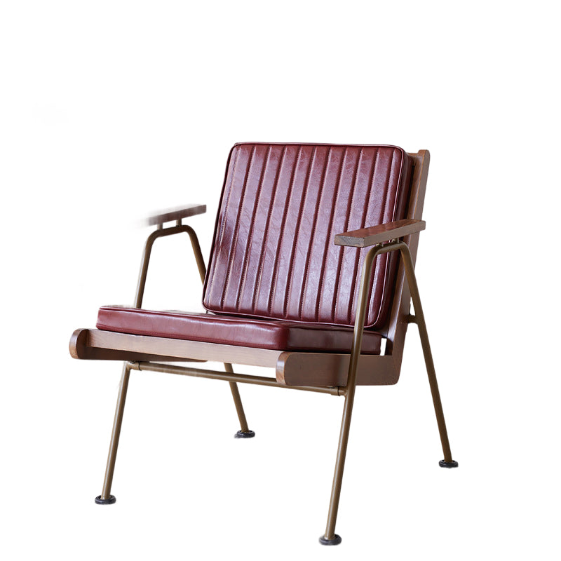 Contemporary Industrial Rectangular Iron Solid Wood Oil Wax Leather Sponge Accent Chair Backrest Armrest For Living Room