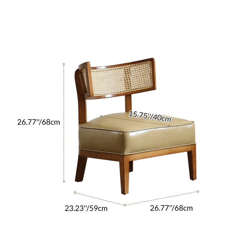 Traditional Rustic Arc Rectangular Ash Wood Faux Leather Sponge Rattan Weaving Accent Chair Backrest Armless For Living Room