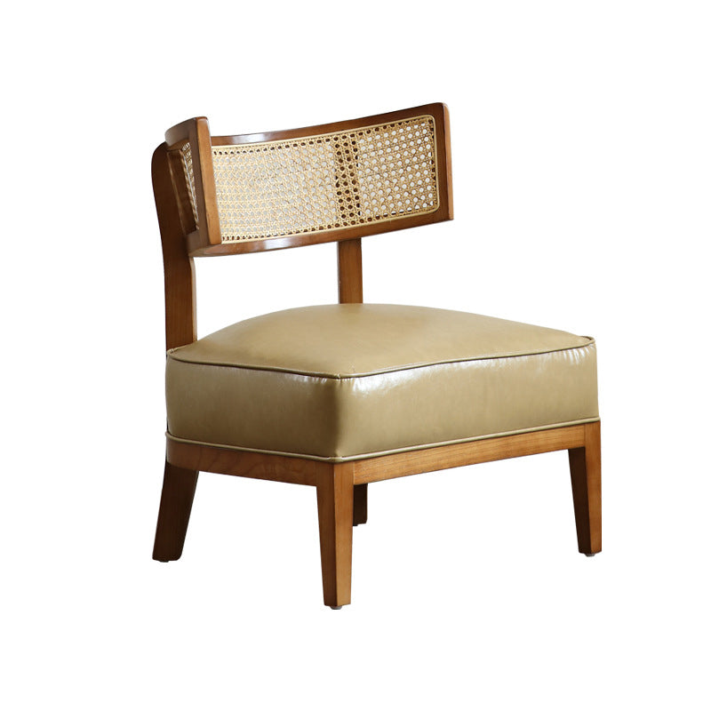 Traditional Rustic Arc Rectangular Ash Wood Faux Leather Sponge Rattan Weaving Accent Chair Backrest Armless For Living Room