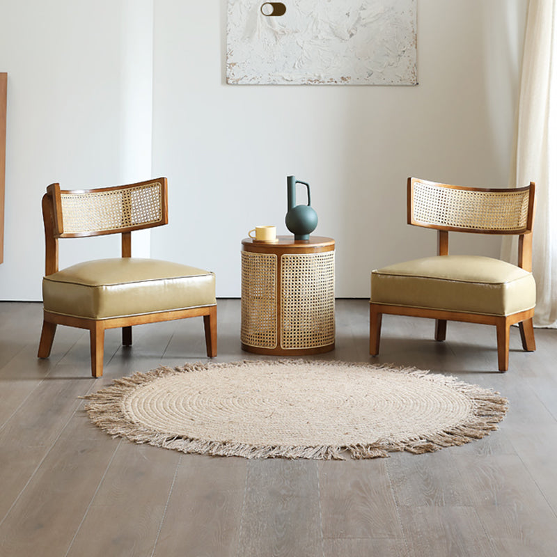Traditional Rustic Arc Rectangular Ash Wood Microfiber Leather Sponge Rattan Weaving Accent Chair Backrest Armless For Living Room