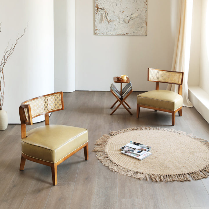 Chaise d’appoint sans accoudoirs pour salon, dossier en arc traditionnel rustique rectangulaire, en bois de frêne, cuir synthétique, mousse et tressage en rotin 