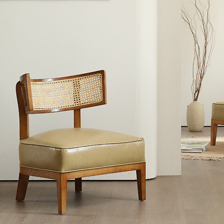 Traditional Rustic Arc Rectangular Ash Wood Faux Leather Sponge Rattan Weaving Accent Chair Backrest Armless For Living Room