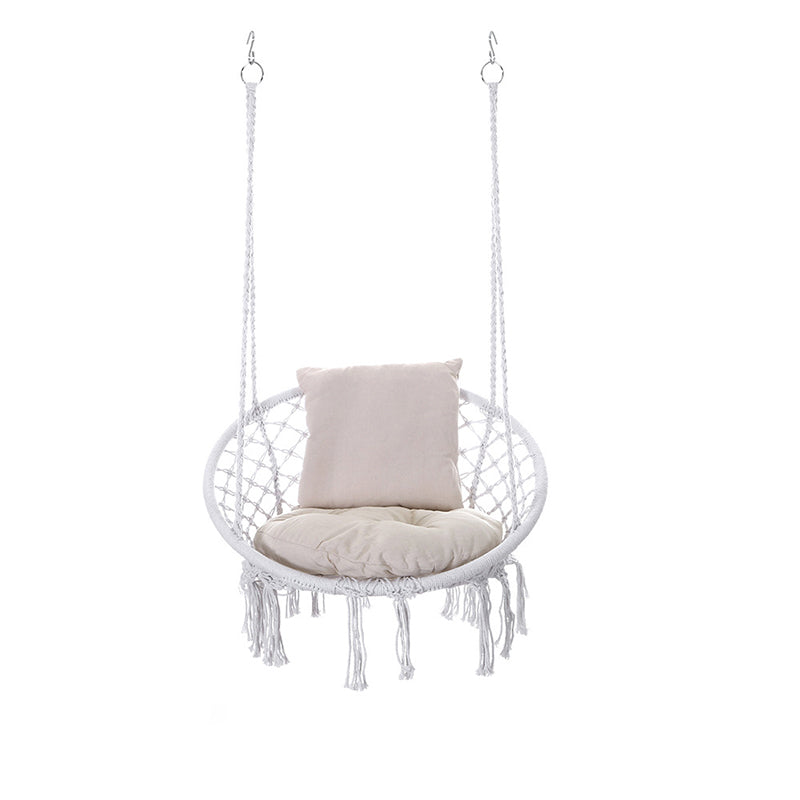 Contemporary Coastal Round Cotton Rope Steel Outdoor Hanging Chair Backrest Armless For Garden