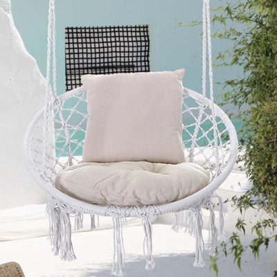 Contemporary Coastal Round Cotton Rope Steel Outdoor Hanging Chair Backrest Armless For Garden