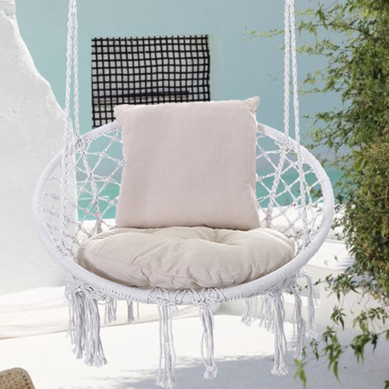 Contemporary Coastal Round Cotton Rope Steel Outdoor Hanging Chair Backrest Armless For Garden