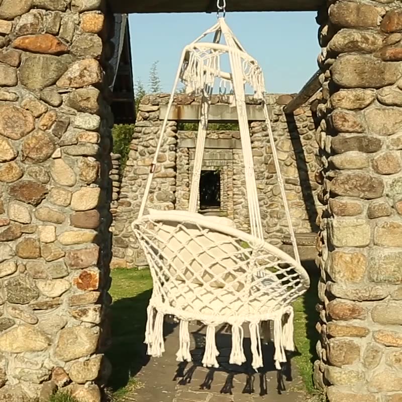 Contemporary Coastal Round Cotton Rope Steel Outdoor Hanging Chair Backrest Armless For Garden