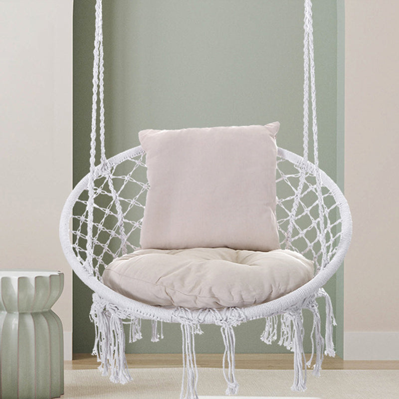 Contemporary Coastal Round Cotton Rope Steel Outdoor Hanging Chair Backrest Armless For Garden