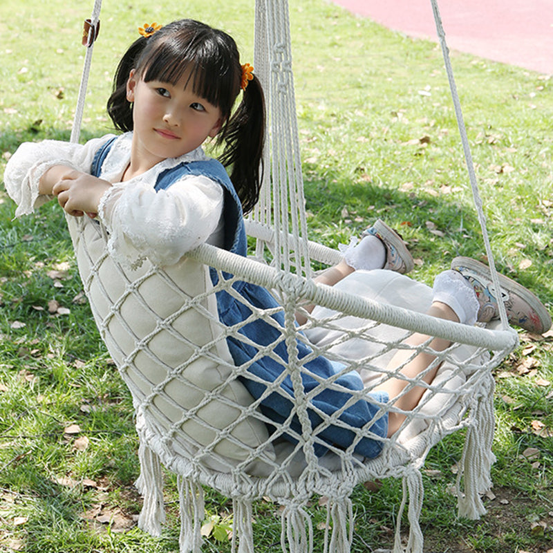 Contemporary Coastal Round Cotton Rope Steel Outdoor Hanging Chair Backrest Armless For Garden