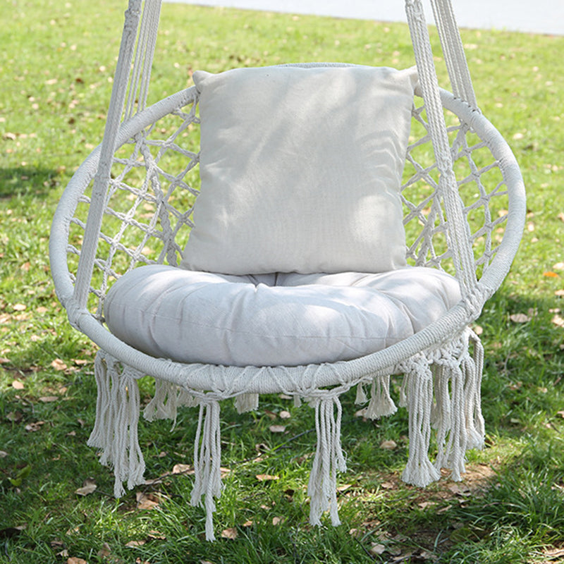 Contemporary Coastal Round Cotton Rope Steel Outdoor Hanging Chair Backrest Armless For Garden