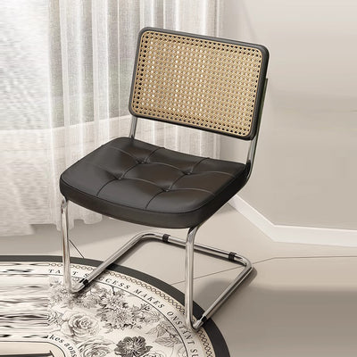 Traditional Vintage Arc Stainless Steel Faux Oil Wax Leather Sponge Plastic Rattan Weaving Dining Chair Backrest Armless For Dining Room