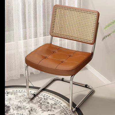 Traditional Vintage Arc Stainless Steel Faux Oil Wax Leather Sponge Plastic Rattan Weaving Dining Chair Backrest Armless For Dining Room