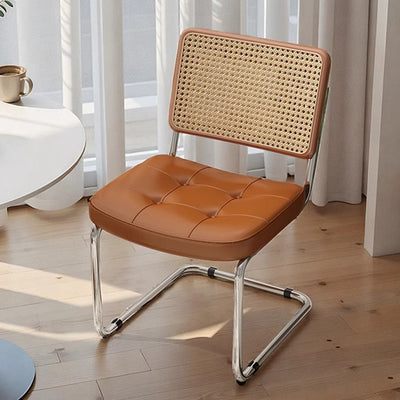 Traditional Vintage Arc Stainless Steel Faux Oil Wax Leather Sponge Plastic Rattan Weaving Dining Chair Backrest Armless For Dining Room