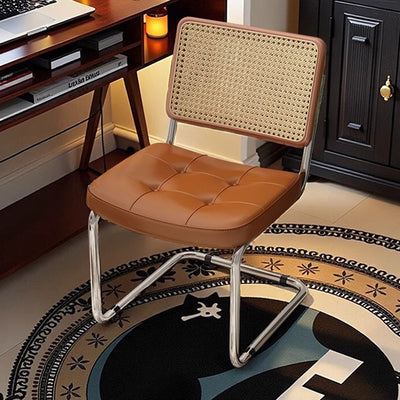 Traditional Vintage Arc Stainless Steel Faux Oil Wax Leather Sponge Plastic Rattan Weaving Dining Chair Backrest Armless For Dining Room