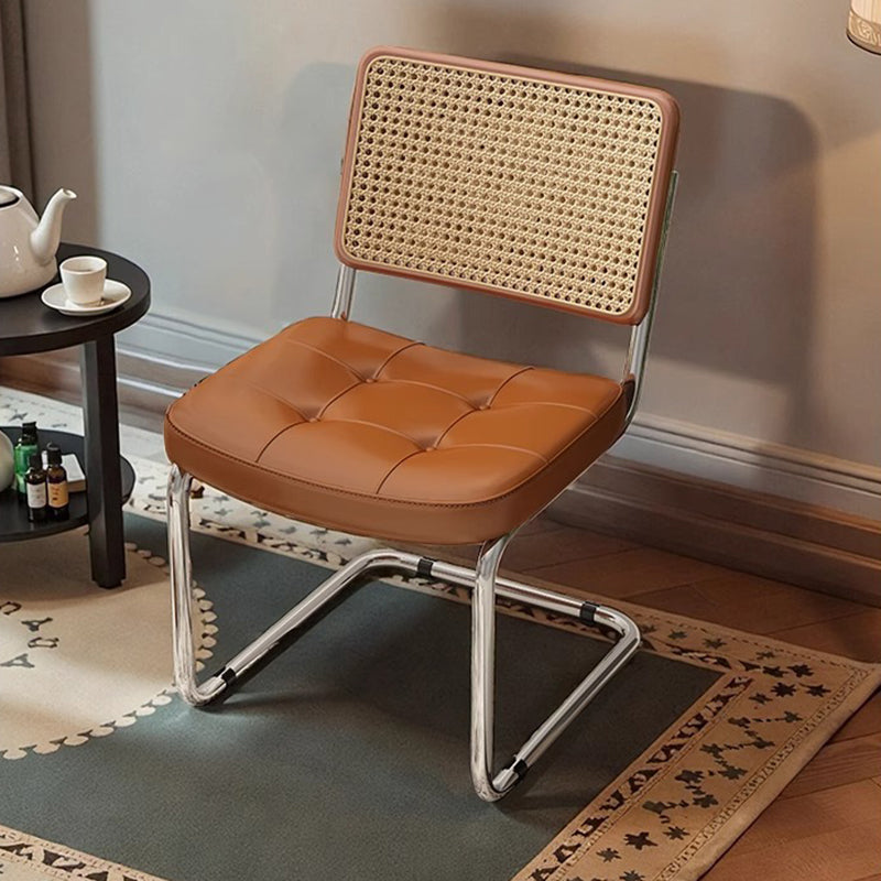 Traditional Vintage Arc Stainless Steel Faux Oil Wax Leather Sponge Plastic Rattan Weaving Dining Chair Backrest Armless For Dining Room