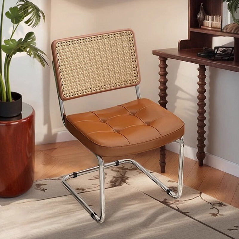 Traditional Vintage Arc Stainless Steel Faux Oil Wax Leather Sponge Plastic Rattan Weaving Dining Chair Backrest Armless For Dining Room