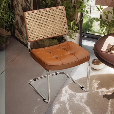 Traditional Vintage Arc Stainless Steel Faux Oil Wax Leather Sponge Plastic Rattan Weaving Dining Chair Backrest Armless For Dining Room