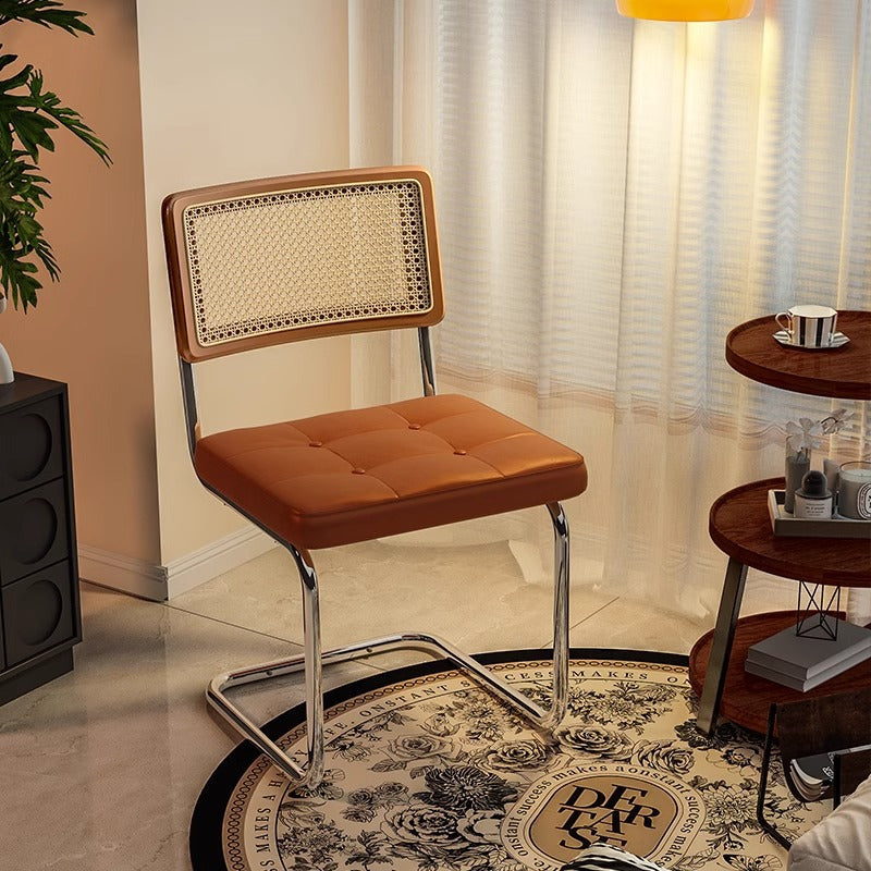 Traditional Vintage Arc Stainless Steel Faux Oil Wax Leather Sponge Plastic Rattan Weaving Dining Chair Backrest Armless For Dining Room