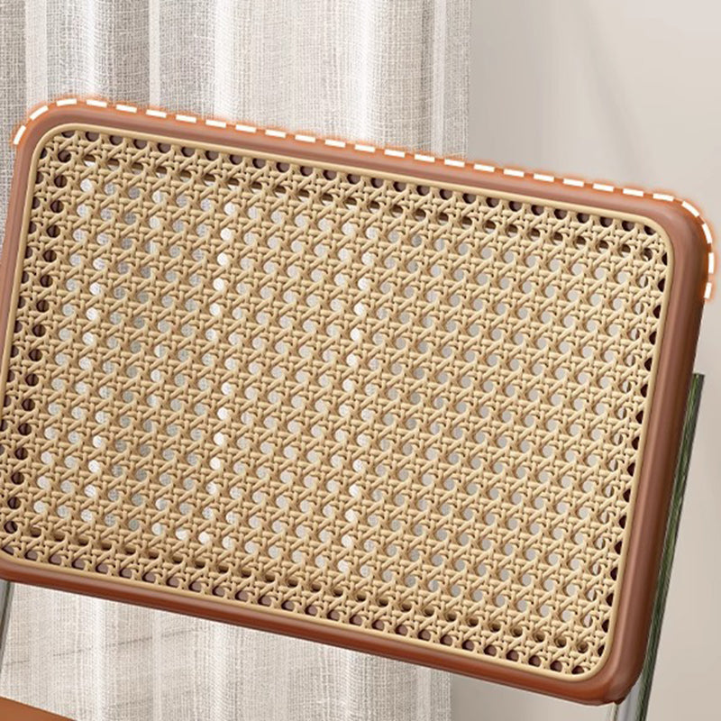 Chaise de salle à manger traditionnelle vintage en arc en acier inoxydable avec dosseret en cuir, éponge, plastique et rotin tissé sans accoudoirs 