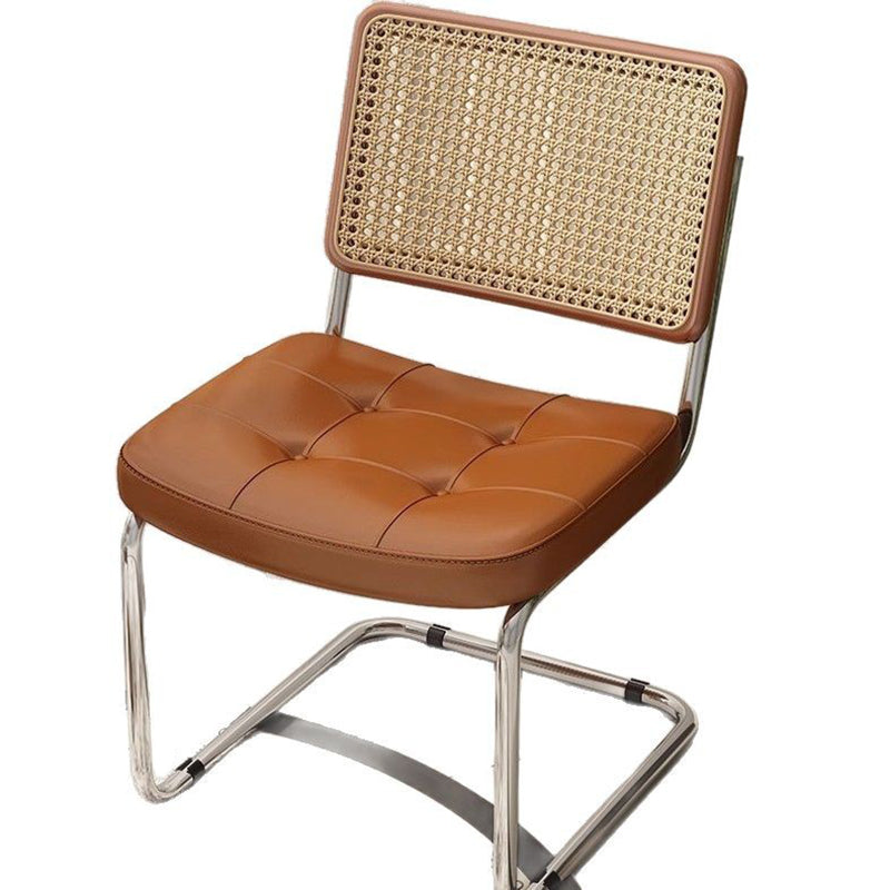 Traditional Vintage Arc Stainless Steel Faux Oil Wax Leather Sponge Plastic Rattan Weaving Dining Chair Backrest Armless For Dining Room
