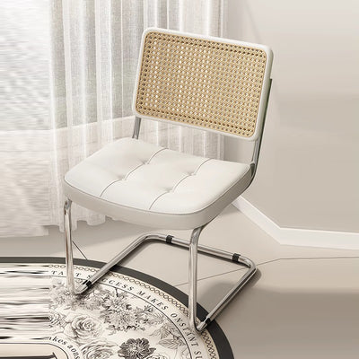 Traditional Vintage Arc Stainless Steel Faux Oil Wax Leather Sponge Plastic Rattan Weaving Dining Chair Backrest Armless For Dining Room