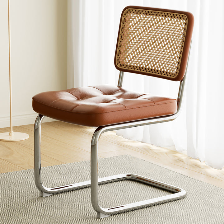 Chaise de salle à manger traditionnelle vintage en arc en acier inoxydable avec dosseret en cuir, éponge, plastique et rotin tissé sans accoudoirs 